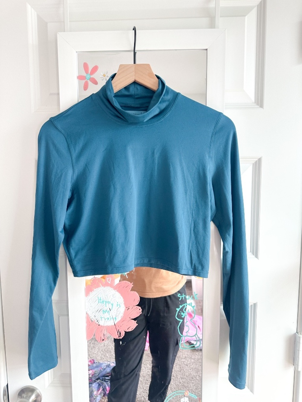 Outdoor Voices Medium Teal Blue Cropped Mock Neck Long Sleeve Workout Top M